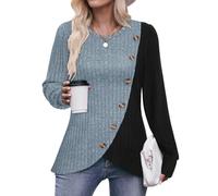 Flikity Colour Blocking Tops for Women UK, Long Sleeve Top Womens Knitted Tunic Blouses Crew Neck Jumpers Women Pullover Sweater Ladies Eveing Going Out Tops XL Blue
