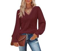 Flikity Dressy Tops for Women, Lace V Neck Puff Long Sleeve Eyelet Shirts Casual Work Blouses Office Daily Wear Ladies Tunic Tops Chic Fashion Spring Autumn Clothes Wine-Red 2XL