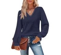 Flikity Going Out Tops for Women, Ladies Lace V Neck Tops Womens Blouses Size 18 Long Sleeve Top Dressy Shirts for Women Tunics for Leggings Loose Fit Navy XL