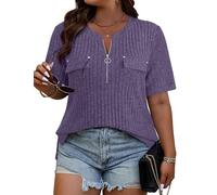 Flikity Ladies Shirts and Blouses, Zipper V Neck Blouses Short Sleeve Womens Tops Ladies Tunic Tops Spring Summer Clothes Loose Casual T Shirts 2XL Dark Purple