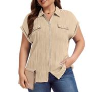 Flikity Plus Size Tops for Curvy Women Business Casual Top Zipper Work Blouses Loose Fitting V Neck Summer Polo Shirts Zipper Office Clothes Apricot 5X