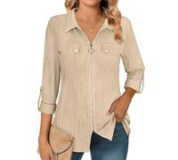 Flikity Plus Size Tops for Women Dressy 3/4 Roll Sleeve Shirts Zipper Collar Blouses for Work Spring Fall Business Casual Tops Loose Fit Lightweight Solid Outwear Women Fashion 2025 Apricot XXL