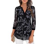 Flikity Womens Blouses & Shirts for Work Professional Flowy Business Casual Tops Ladies V Neck Dressy Shirts Fall Winter Clothes for Office Wear Womens Tunic Tops 3/4 Sleeve Funeral Floral Black XL