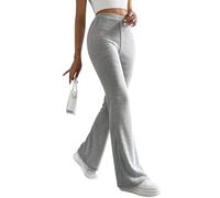 Flikity Womens Flared Trousers Stretch Ribbed Knit Ladies Elasticated Waist Bootleg Trousers Solid Color Bootcut Pajama Sleep Lounge Pants Light Grey L