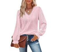 Flikity Women's Long Sleeve Tops, Lace V Neck Puff Sleeve Eyelet Tops Casual Work Ladies Blouses Office Daily Wear Wedding Guest Dresses Trendy Fall Winter Tunics Clothes Light Pink 2XL