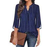 Flikity Womens Tops 3/4 Sleeve Business Casual Tops for Women UK Office Work Wear Dress Shirts Professional Attire Clothes Tunics Tops V Neck Ladies Blouses Interview Career Blue Stripe Large