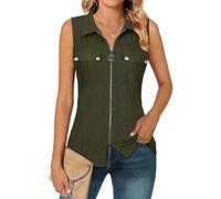 Flikity Womens Vest Tops Trendy Sleeveless Summer Tops for Women UK Zipper Polo Shirts Work Blouses Dressy Casual Business Tops V Neck Collared Shirt Holiday Outfits Army Green M