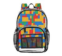 FLildon Building Blocks Clear Backpack with Back Print, Heavy Duty See Through Backpacks PVC Transparent Daypack for Travel Security