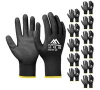 Flintronic 12-Pair Non-Slip PU-Coated Work Gloves - Protective Grip for General Duty and Gardening (Medium, Size 8, Black)