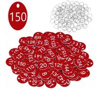 Flintronic 150PCS Plastic Number with Key Rings, Engraved Numbered Tags, Plastic ID Tag Table Numbers, Discs Number Tags for Office, Hotel, Mailbox, Dormitory (1-150 Red)