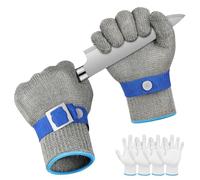 flintronic 2 Cut Resistant Gloves, Level 9 Protection Stainless Steel Mesh Cut Proof Gloves, Safety Work Gloves with 4 Cotton Gloves, for Kitchen Butcher, Wood Whittling, Oyster Shucking(L)