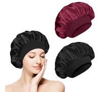 Flintronic 2 Pack Satin Sleep Cap, Elastic Sleep Bonnet Bath Cap for Women, Night Sleep Hat for Long Curly Hair All Hair