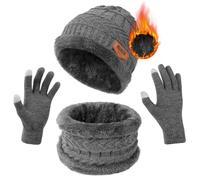 flintronic 3 in1 Winter Hat Scarf Gloves Set, Winter Warm Elastic Knitted Beanie, Circle Scarf and Touch Screen Gloves Set, Outdoor Sports Thicken Soft Fleece Inner Lining Gift for Men Women-Grey