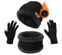 flintronic 3 in1 Winter Hat Scarf Gloves Set, Winter Warm Elastic Knitted Beanie, Circle Scarf and Touch Screen Gloves Set, Outdoor Sports Thicken Soft Fleece Inner Lining Gift for Men Women-Black