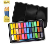 flintronic 36 Watercolour Paint Set, Portable Box Including, Watercolor Brushes 36 Blocks for Artists and Hobbyists, Black Metal Lid