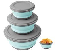 flintronic 3Pcs Collapsible Camping Bowl Sets, Portable Silicone Bowl with Lid, Folding Bowl, Portable Salad Bowl, Folding Lunch Box for Camping, Hiking, Kitchen, School, Blue