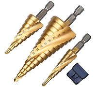 flintronic 3Pcs Spiral Grooved Step Drill Bit, 4mm to 12/20/32 mm (5/32" to 5/4") HSS Titanium Coated, Hex Shank Metric Cut Tool for Wood, Stainless Steel,Metal Sheet
