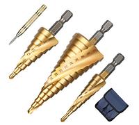 flintronic 3Pcs Spiral Grooved Step Drill Bit Set with 1 Automatic Center Punch, 4mm to 12/20/32 mm (5/32" to 5/4") HSS Titanium Coated, Hex Shank Metric Cut Tool for Wood, Stainless Steel,Metal Sheet