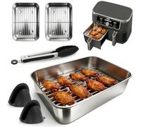 Flintronic 6PCS Air Fryer Accessory Set, 20×15×5cm Stainless Steel Air Fryer Basket with 2 Drip Racks, Silicone Clips & silicone gloves for Ninja AF400UK/AF451UK/AF500UK/DZ400UK