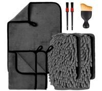 flintronic 8 Pcs Car Washing Kit with 3 Pack Microfibre Cleaning Cloth, 2 Microfiber Cars Wash Mitts, 600GSM, 2 Detail Brushes, 1 Dusting Brush for Household, Washing Care, Drying, Polishing