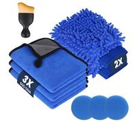 flintronic 9 Pcs Car Cleaning Kit with 3 Pack Microfibre Cleaning Cloth, 2 Microfiber Car Wash Mitts, 600GSM, 1 Dusting Brush, 3 Sponge Round Pads for Household, Washing, Care, Drying, Polishing