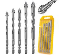 Flintronic Four-Flute Drill Bit Set, 5PCS Four Blade Serrated Eccentric Drill Bits, Masonry drill Bits with 1/4" Hex Shank, Carbide Tip Tile Brick Drills Bit set (6/8/8/10/12MM, Silver)
