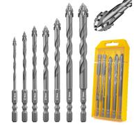 Flintronic Four-Flute Drill Bit Set, 7PCS Four Blade Serrated Eccentric Drill Bits, Masonry drill Bits with 1/4" Hex Shank, Carbide Tip Tile Brick Drills Bit set (3/4/5/6/8/10/12MM, Silver)