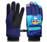 flintronic Kids Ski Gloves, Winter Skiing Gloves Thermal Snow Glove with Adjustable Cuffs, Navy Blue Dinosaur Waterproof Snowboarding Gloves for Children Boys Cycling, Skiing, Skating and Hiking (XS)