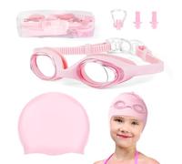 Flintronic Pink Swimming Goggles, Anti Fog+UV Protection, No Leaking Soft Silicone Nose Bridge Goggles with Swimming Cap for Kids, Girls and Boys