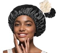 Flintronic Satin Bonnet for Sleeping, Adjustable Double-Sided Silk Hair Bonnet with 2 Hair Bands, Night Sleep Hair Protection Bonnet for Women Girls Long, Straight and Curly Hair
