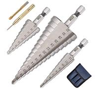 flintronic Step Drill Bit Set with 1 Automatic Center Punch + 1 Twist Drill Bit, 3PCS 4mm to12 20 32mm (5/32" to 5/4") HSS Titanium Coated Double Slot Cone Cutting Drill for Plastic Wood Metal