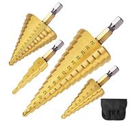 flintronic Step Drill Set with 1 Automatic Center Punch + 1 Twist Drill Bit, 3PCS 4mm to12 20 32mm (5/32" to 5/4") HSS Titanium Coated Double Slot Cone Cutting Drill for Plastic Wood Metal