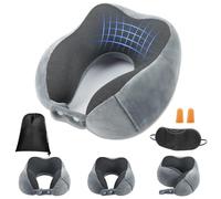flintronic Travel Pillow, Memory Foam Neck Pillow, Comfortable & Ergonomic Pillow with Earplugs, Eye Masks, Carry Bags, 360-Degree Head Support Pillow for Travel, Airplans,Trains,Cars (Grey)