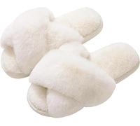 flintronic Women Fluffy Slippers, Cross Band House Slippers, Memory Foam Faux Fur Slippers, Furry Open Toes Sliders, Ladies Home Slippers, Cozy Plush Home Shoes for Indoor Outdoor Winter