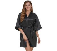 flintronic Women's Satin Kimono Robe, Lightweight Luxury Dressing Gown, Short Nightdress Bridal Robe with 3/4 Sleeve, Dressing Gown with Oblique V-Neck, for Spa/Hotel/Loungewear Sleepwear, Black, L