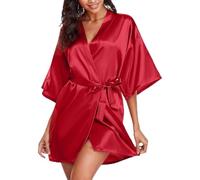 flintronic Women's Satin Kimono Robe, Lightweight Luxury Dressing Gown, Short Nightdress Bridal Robe with 3/4 Sleeve, Oblique V-Neck, for Spa/Hotel/Loungewear Sleepwear