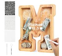 flintronic Wooden Money Box for Kids, Personalised Letter Money Box, Clear Alphabet Money Bank Coin Bank for Boys Girls Toddler, for Birthday, Christmas (M)