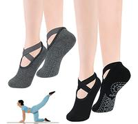 flintronic Yoga Socks, 2 Pairs Non-Slip Pilates Socks with Straps, Cotton Five Toe Grip Socks for Pilates, Ballet, Barre, Barefoot Workout, Dance - Sweat Absorption (Black+Grey)
