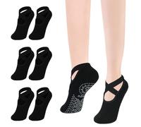 flintronic Yoga Socks, 3 Pairs Non-Slip Pilates Socks with Straps, Cotton Five Toe Grip Socks for Pilates, Ballet, Barre, Barefoot Workout, Dance - Sweat Absorption, Black