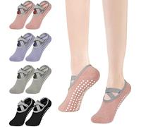 flintronic Yoga Socks, 4 Pairs Non-Slip Pilates Socks with Straps, Cotton Five Toe Grip Socks for Pilates, Ballet, Barre, Barefoot Workout, Dance - Sweat Absorption (Black+Grey+Pink+Purple)