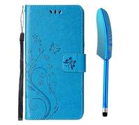 Flip Case Designed for iPhone 15, Embossed Butterfly Premium PU Leather Case Shockproof Bumper Wallet Case with Kickstand Card Holder Lanyard & One Touch Pen - Blue