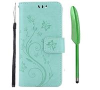 Flip Case Designed for iPhone 15, Embossed Butterfly Premium PU Leather Case Shockproof Bumper Wallet Case with Kickstand Card Holder Lanyard & One Touch Pen - Green