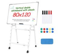 Flip Chart Whiteboard, Height Adjustable Double-Sided Magnetic, Foldable A-Frame Easel Stand with Wheels, 5 Markers, 1 Eraser & 10 Magnets, Dry Erase Board for Home Teaching