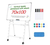 Flip Chart Whiteboard, Height Adjustable Double-Sided Magnetic, Foldable A-Frame Easel Stand with Wheels, 5 Markers, 1 Eraser & 10 Magnets, Dry Erase Board for Home Teaching