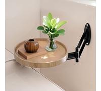 Flip Down Table Wall Mounted Round Table Fold-Down Desk, 11.8in Bedside Floating Side Table with 180° Rotatable, Coffee Table with Retractable Panel(Original Wood Color)