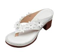 Flip Flop Heels for Women Chunky Block Heel Sliders Open Toe Platform Sandal Flower Design Wide Fit Dressy Casual Thong Slippers Comfortable Outdoor Party Evening Walking Footwear White