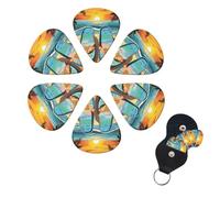Flip flops and tropical beach scene Guitar Picks 6 Pack, 0.71mm Thickness Celluloid Bass Pick with Leather Guitar Pick Holder Keychain Abstract Art Pics Plectrum for Acoustic Electric Guitar