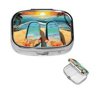 Flip Flops and Tropical Beach Scene Pill Case Portable Square Pill Box 2 Compartment Pill Organizer Cute Travel Pill Container Vitamin Organizer for Purse Pocket Travel Gift
