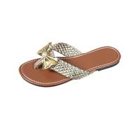 Flip Flops for Women Grid Leather Flat Slippers with Glitter Bow Womens Summer lip On Beach Flip Flops Casual Non Slip Slippers Slide Sandals (Gold, 5)