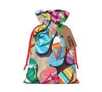 (Flip-Flops on a Sandy Beach) Large Reusable Burlap Pouches Rustic Wedding Favor Xmas Bags Drawstring Gift Sacks Bulk Party. M Size